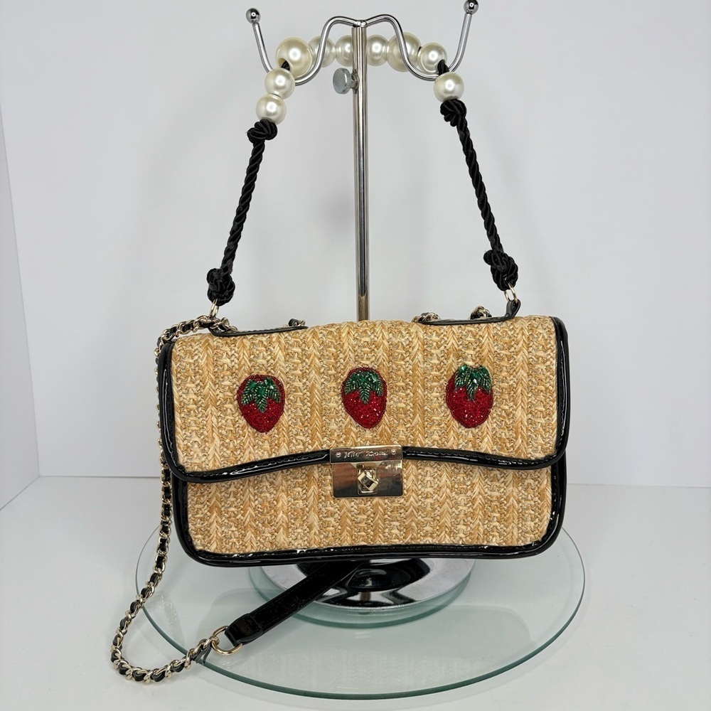 Betsey Johnson Strawberry Fields Top Handle Crossbody Bag Straw Pearls Natural - Picture 2 of 11